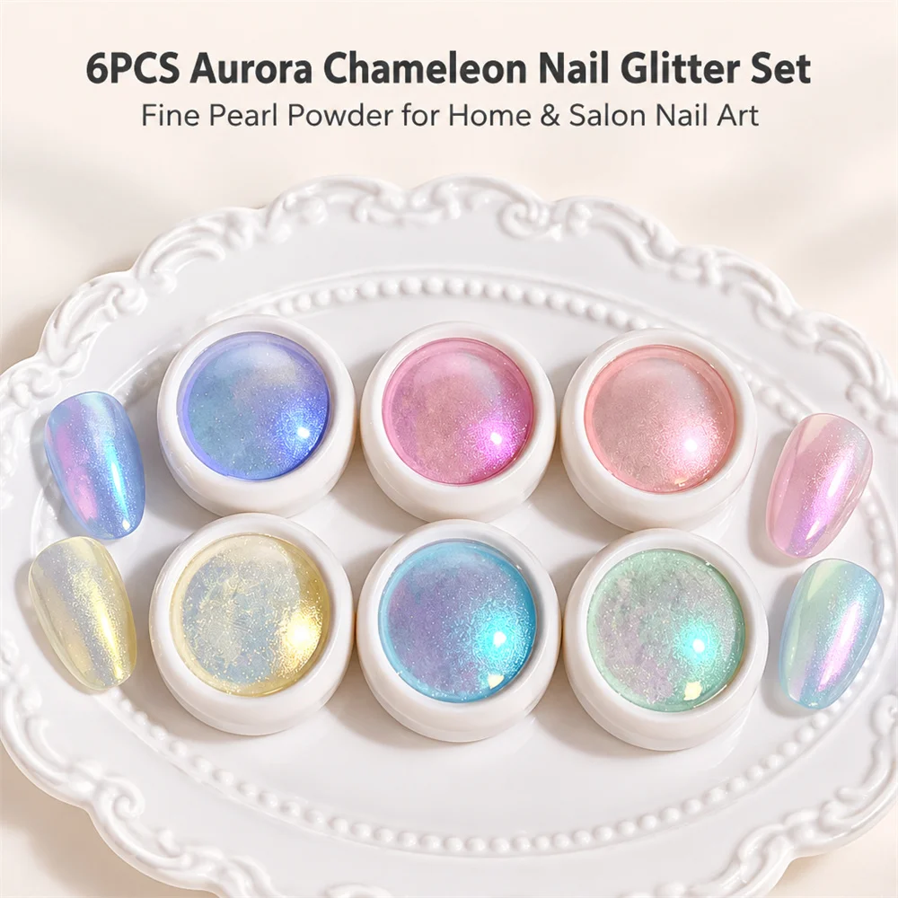 6Jars Mermaid Mirror Effect Chrome Nail Powder Aurora Macaron Shimmer Metallic Pigment for UV Gel Polish Art Manicure Supplies