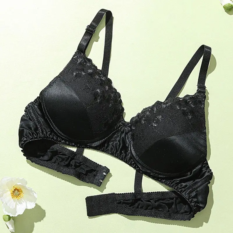 Silk bra with medium thickness and no steel ring, thin and seamless bra, female lace edge, double-sided silk