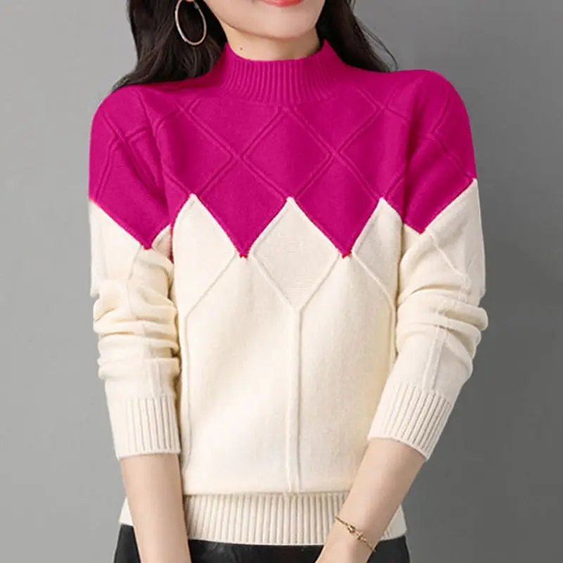 Autumn Winter New Stand Collar Long Sleeve Fashion Sweater Women High Street Contrast Color Pullovers Elegant All-match Tops