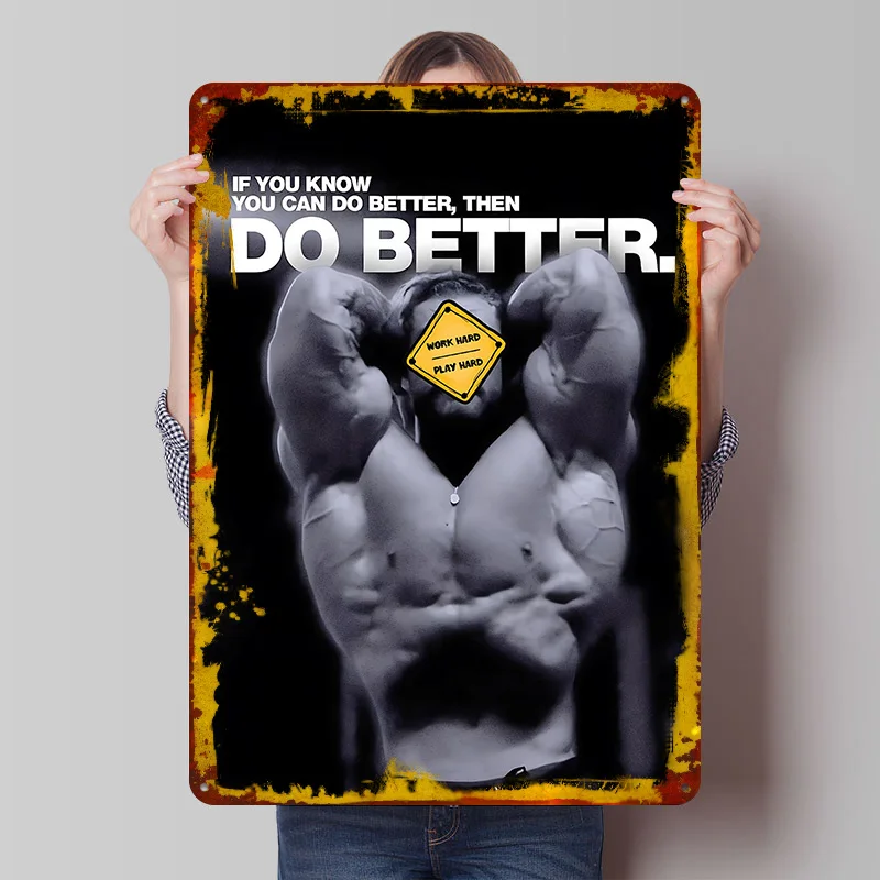 Motivational Bodybuilding: Work Hard Printing Poster Customized Retro Wall Art Vintage Metal Signs for Fans Bedroom Decoration