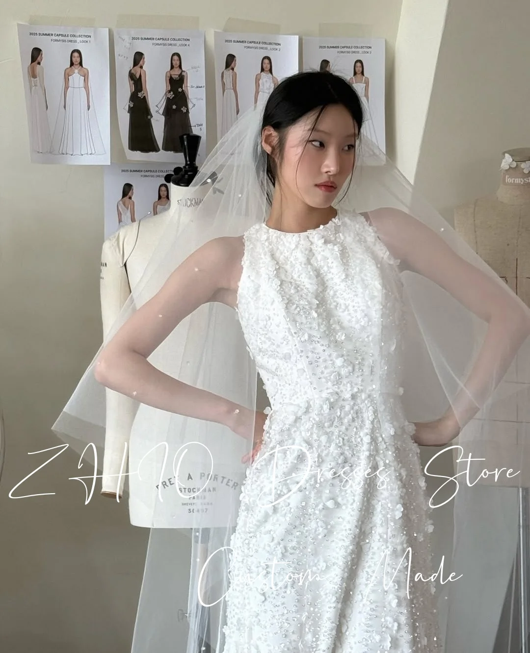 ZHIO 絶妙なアップリケのウェディングドレス O ネックノースリーブアイボリーサテン韓国写真撮影ブライダルドレスカスタマイズされたエレガント 웨딩드레스