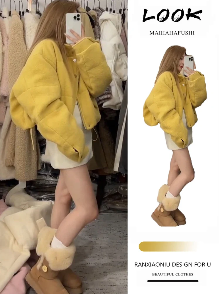 

Winter Fashion Women's Yellow down Cotton Jacket Skirt Set High Waist Casual Style Short Length Two Piece Ensemble