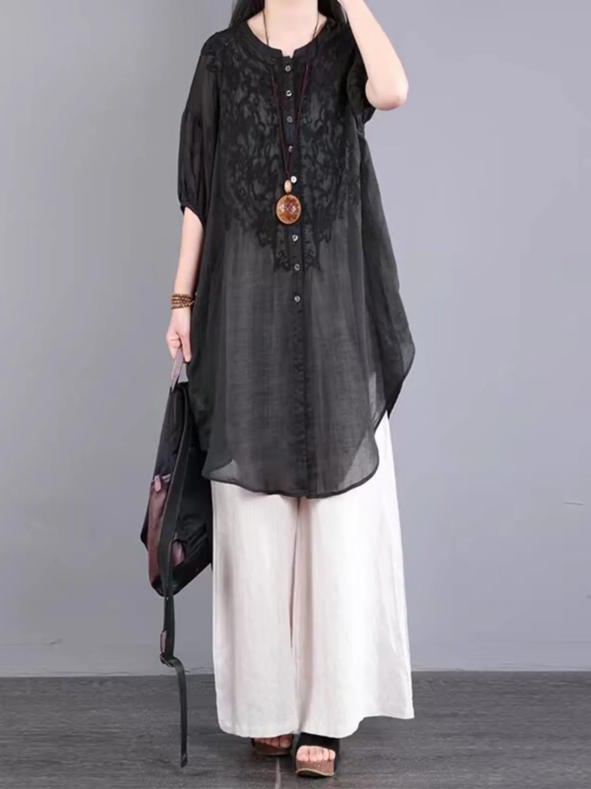 Elegant Embroidered Linen Shirt Loose Fit Summer Thin Short Sleeve mid Length Women's plus Size Clothing Vintage Style round ...