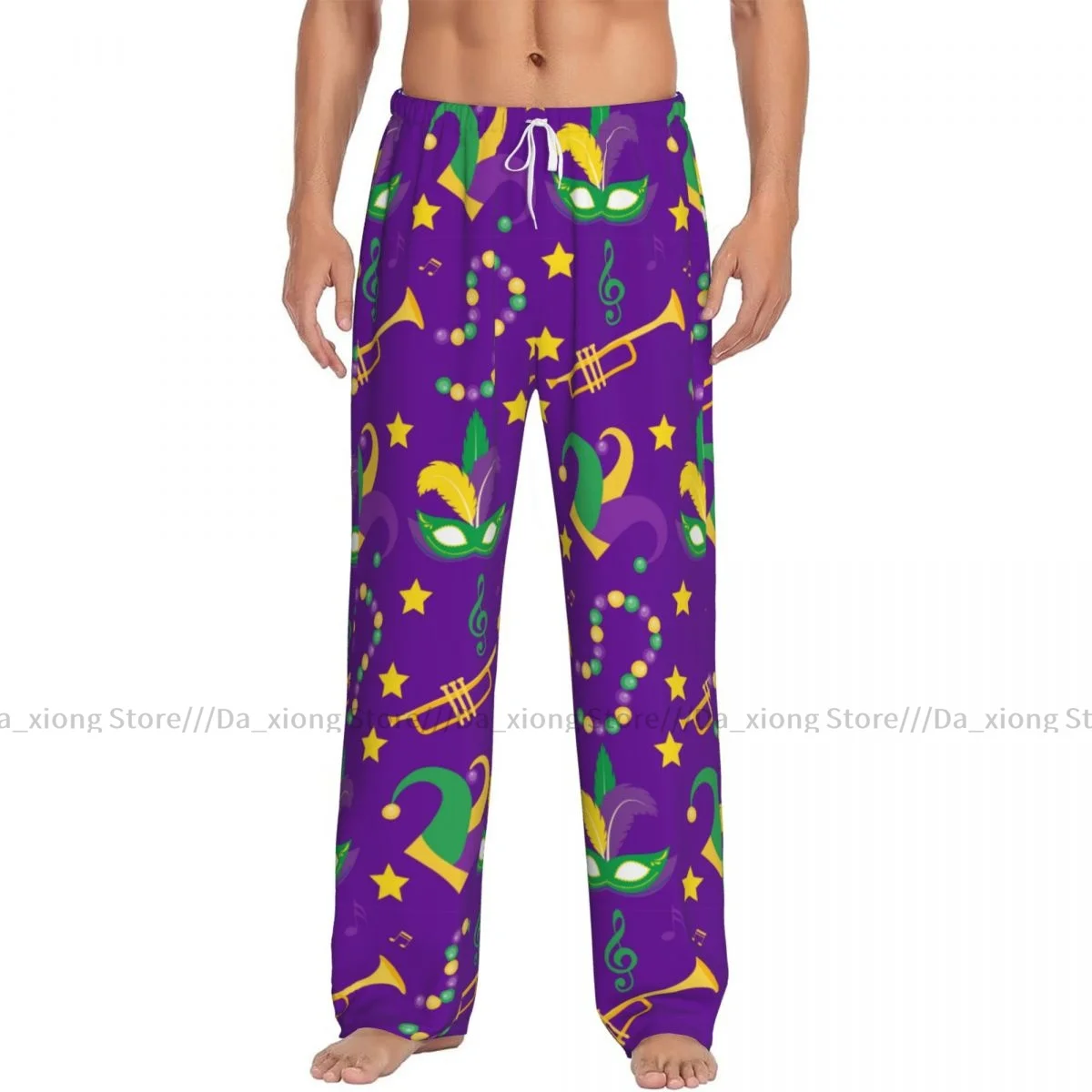 Men's Sleepwear Loose Sleep Pants Pajamas Mardi Gras Carnival Mask Feathers Beads Long Lounge Bottoms Casual Homewear