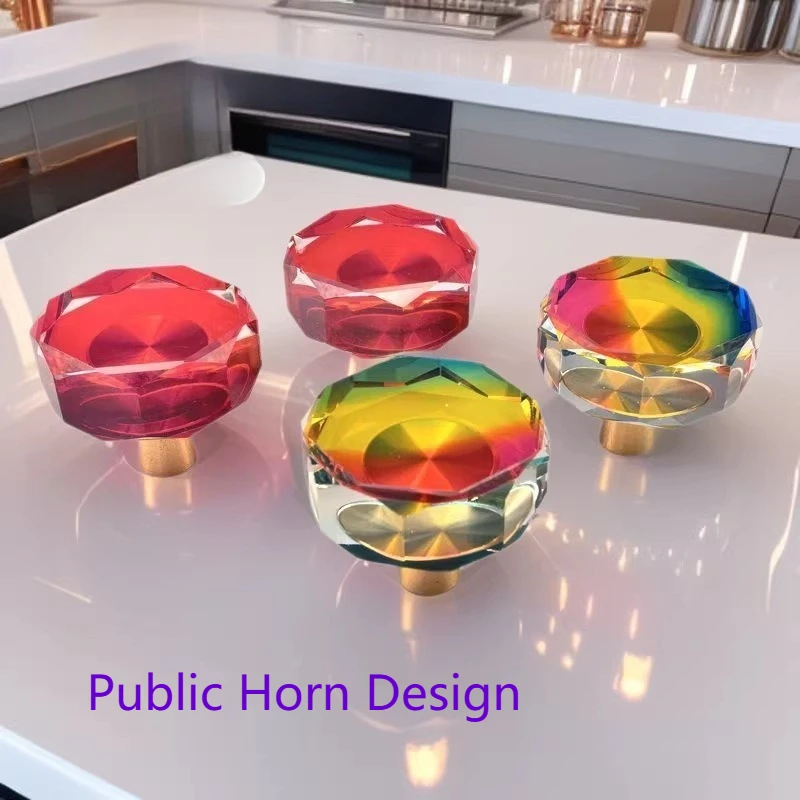 Octagonal rainbow color pull handle for single-hole pure copper crystal drawer wardrobe cabinet and countertop drawer handle