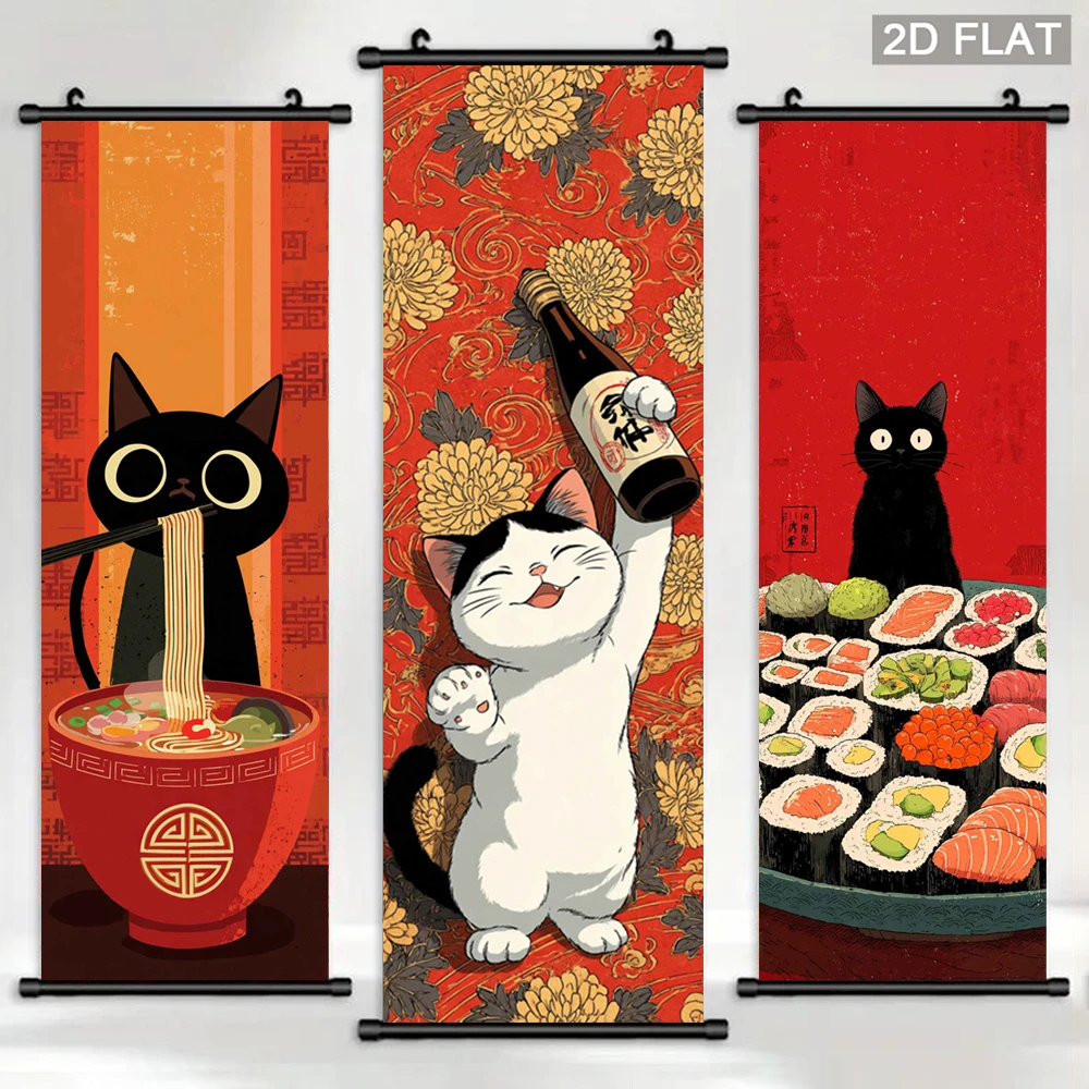 VIKAMA Japanese-Style Cat Scroll Tapestry, Cute Kitten Ramen, Sushi, and Sake Wall Decor, Ukiyo-e Fabric Poster, Home Decor