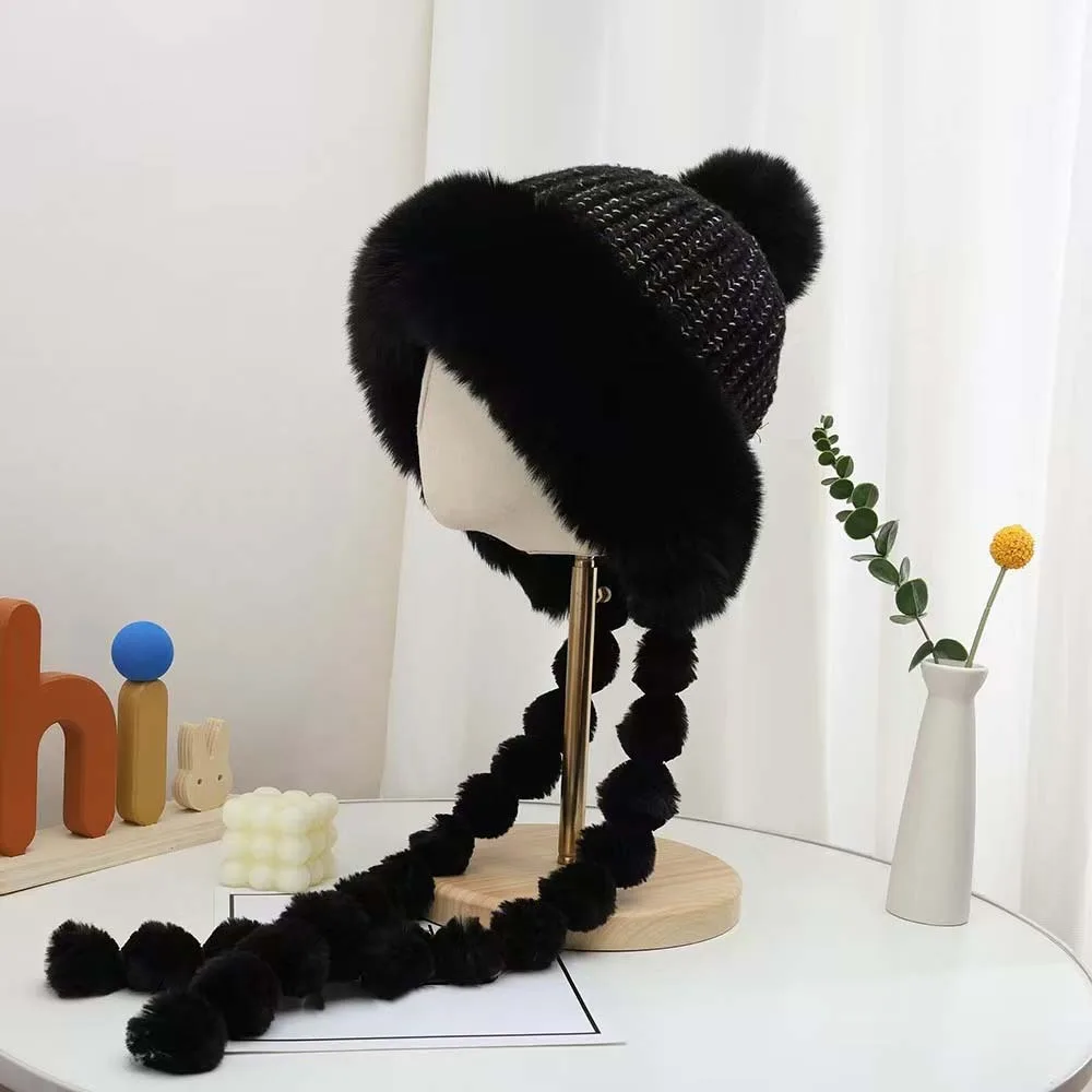 Fleece Lined Pompom Braids Hat Striped Knit Fur Brim Fleece Knit Beanie Thermal Soft Yarn Earflap Winter Cap Ladies