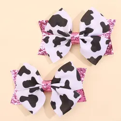 2pcs Fashion Ribbon Cow Printing Hairpins Girls Glitter Hair Bow Clips Sweet Hairgrip Barrette Kids Headwear Hair Accessories