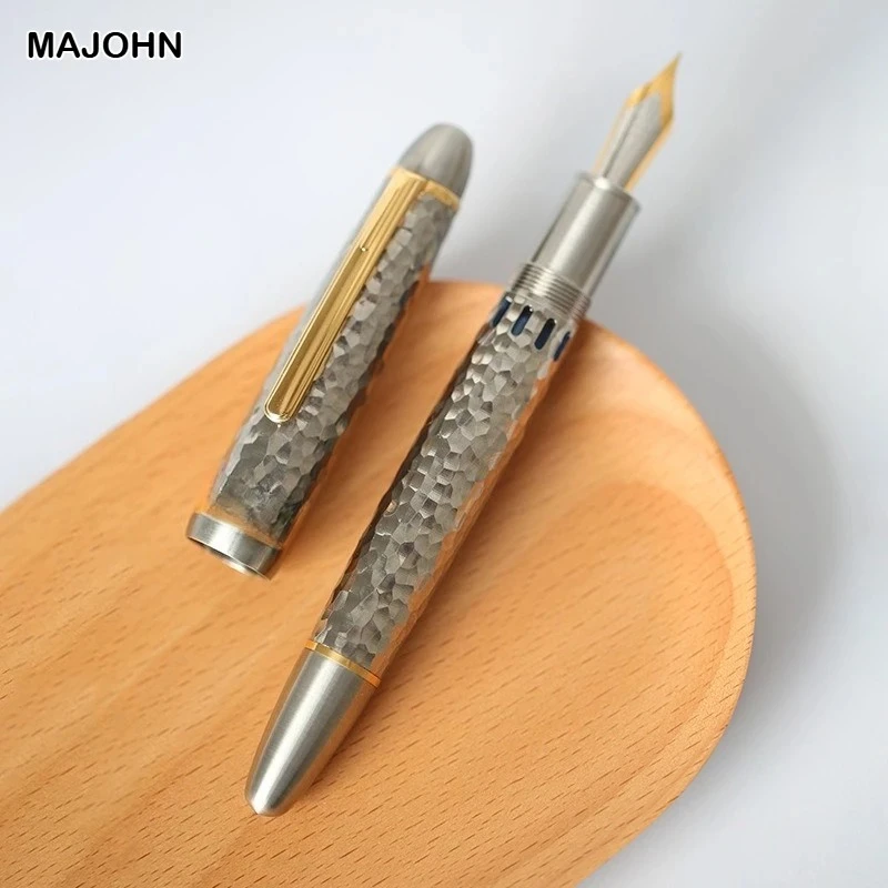 MAJOHN Titanium Alloy Ti-136 Piston Fountain Pen Anti-slip EF/F Metal Brushed Hammer Pattern Version Writing Gift Pen Stationery