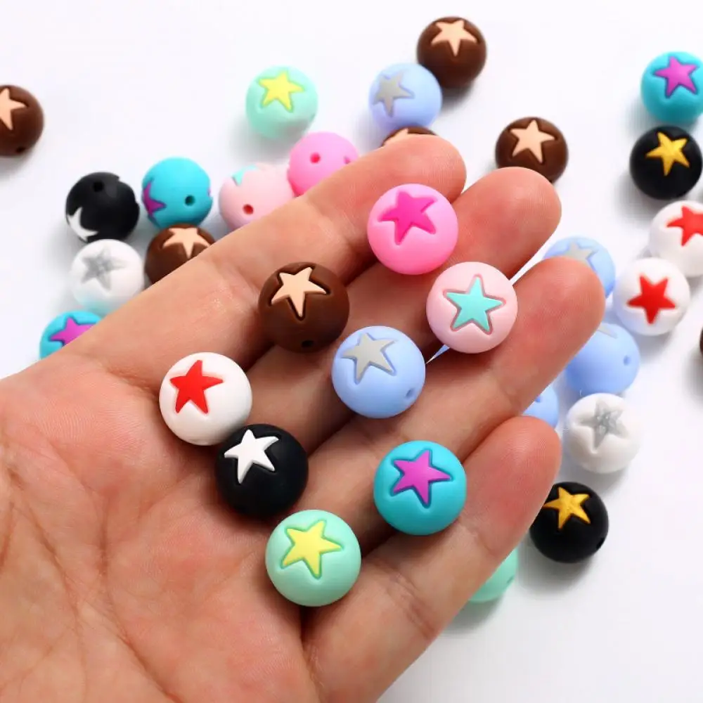 10Pcs 10mm Food Grade Silicone Teether Beads Colorful Round Pentagram Beads For DIY Necklace Bracelet Pacifier Chain Oral Care