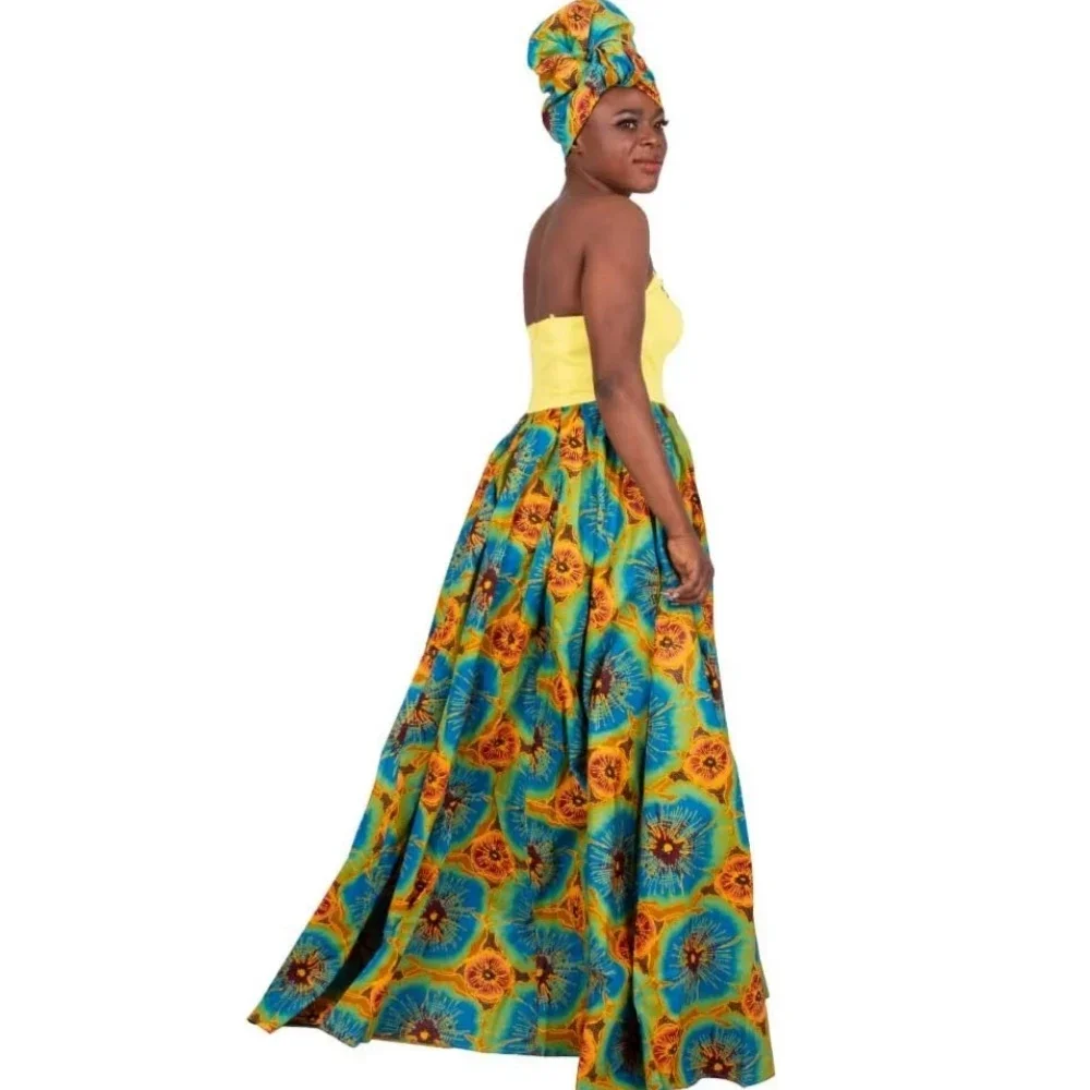 Womens African Dress Dashikis Print Ball Gown Party Dress Maxi and Strapless Women Clothing with Free Headwear Plus Size WY1805