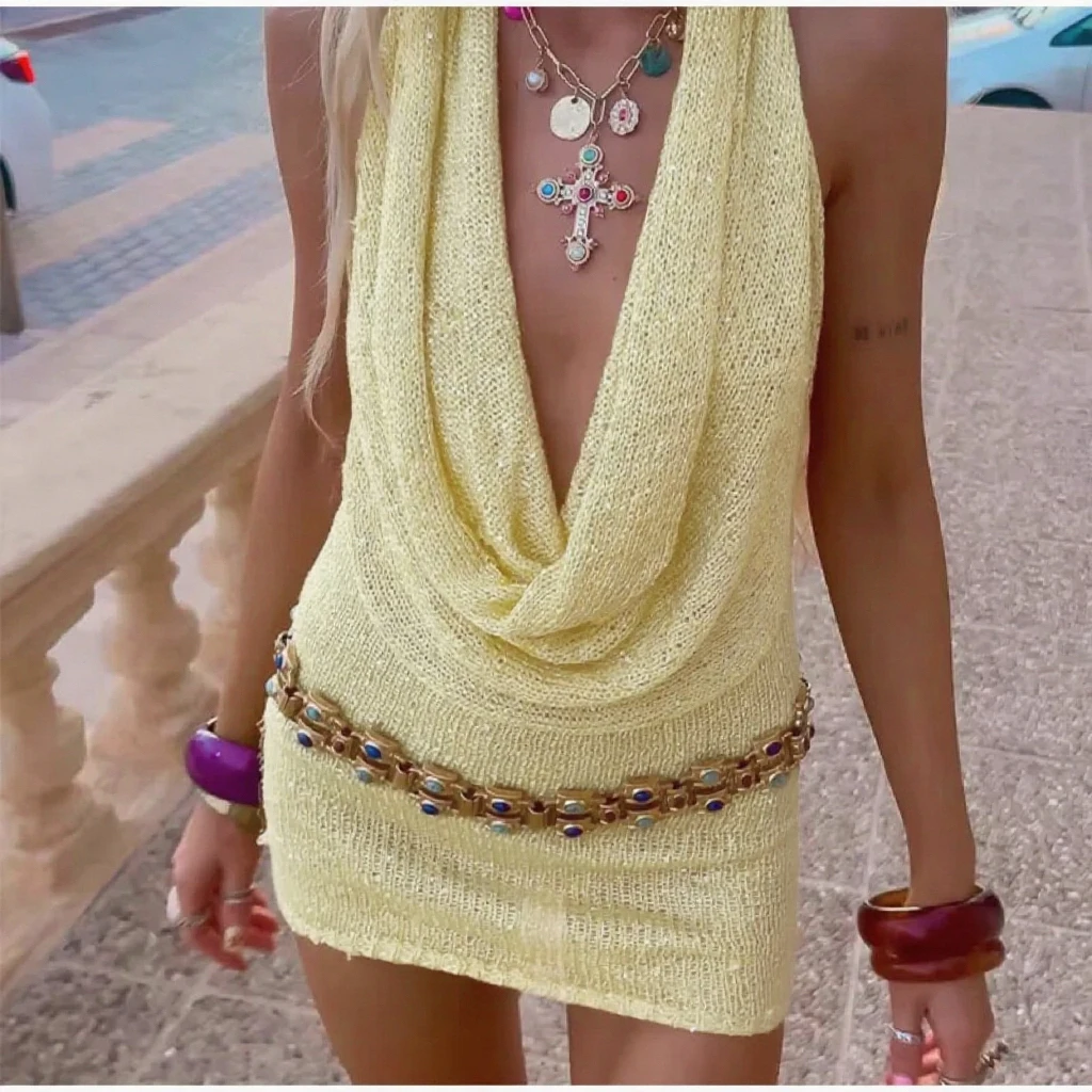 Sommer Strand Urlaub Pool Party Badeanzug Cover Up Sexy Backless Aushöhlen Kleid Mode Stricken Krawatte Up Kurzes Kleid