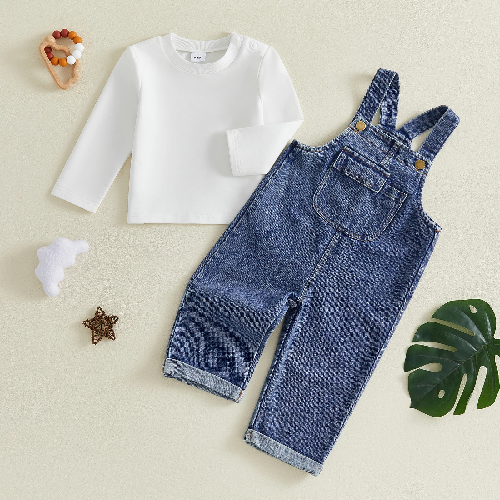 Fashion Toddler Baby Fall Winter Jeans Outfit Long Sleeve T-shirt and Denim Overalls Trousers 2Pcs Set