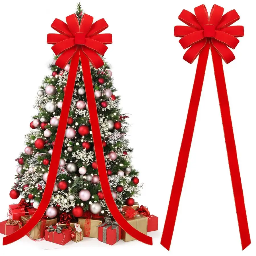 

2 больших красных рождественских банта 118 x 28 дюймов, бархатный бантик для рождественского венка с блестящим золотым краем, украшение для верхушки елки