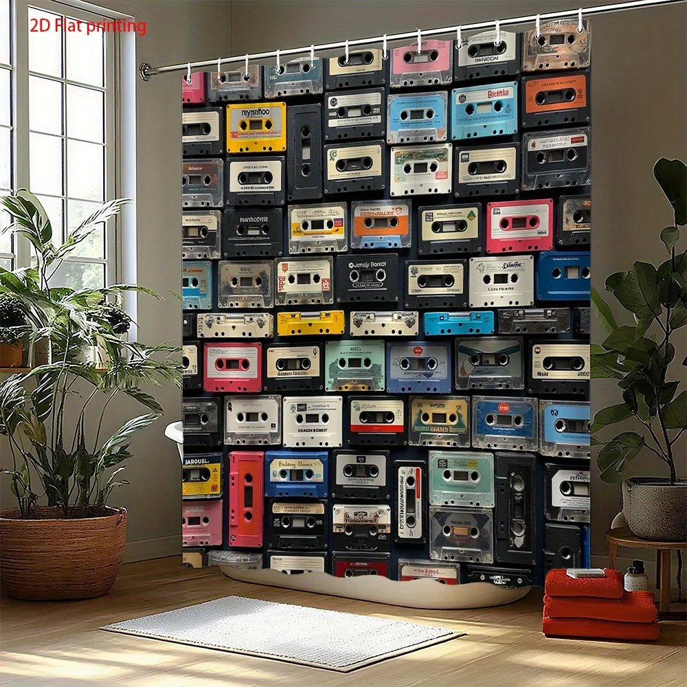 Retro Cassette Tape Shower Curtain Colorful Audio Tape Pattern 2D Digital Print Polyester Bath Curtain with Hooks