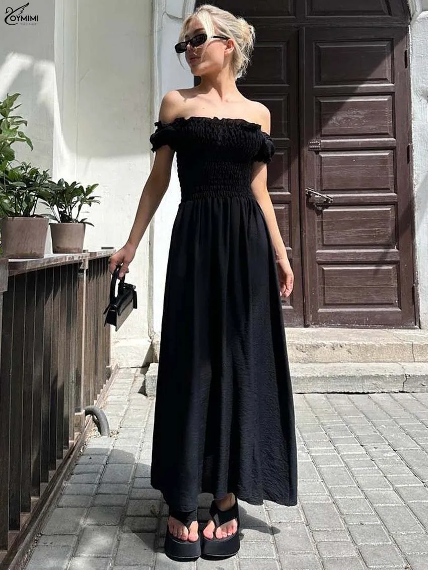 

Oymimi Elegant Black Ruffled Dresses 2025 Woman Fashion Strapless Pleated Solid Dresses Casual High Waisted Ankle-Length Dress