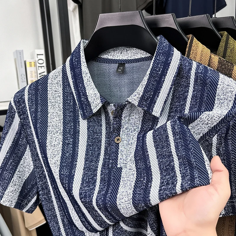Herren Strukturierte Vertikal Gestreifte Kurzarm-Poloshirts Lässige Business-Oberteile Atmungsaktiv Knitterfrei Sommerkleidung – Detail 4