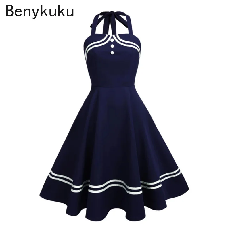 

Women Preppy Style Retro Vintage 50s 60s Swing Dress Summer Female Sailor Collar Elegant School Pin Up Rockabilly Dress Vestidos