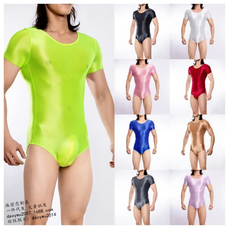 

Масляный глянцевый боди, мужской блестящий цельный купальник, прозрачное гладкое нижнее белье с короткими рукавами, эластичный прозрачный комбинезон для геев