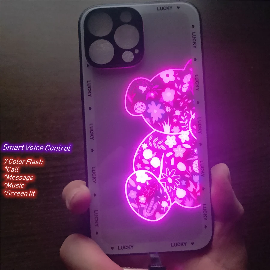 7 Color Led Light Phone Case Call Flash For iPhone 14 13 12 11 Pro Max X XS XR 8Plus Flower Lucky Bear Rose Luminous Glass Cover