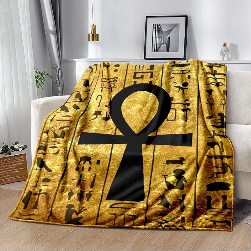 Egypt Ankh Pattern Flannel Throw Blanket Eye of Horus Bastet Symbol Soft Lightweight Warm for Bedroom Sofa Decor Adults Gifts