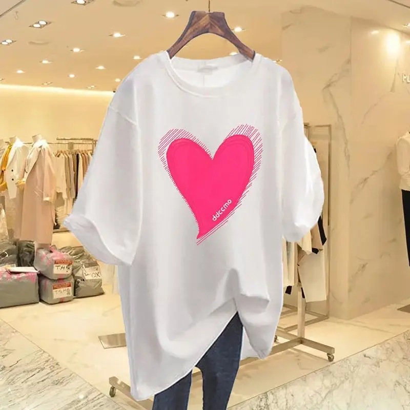 Women's Fashion Love T-shirt 2024 Summer New Loose Versatile O-neck Pure Cotton Short Sleeve Pullover Lady Basics Top TeeS-4XL