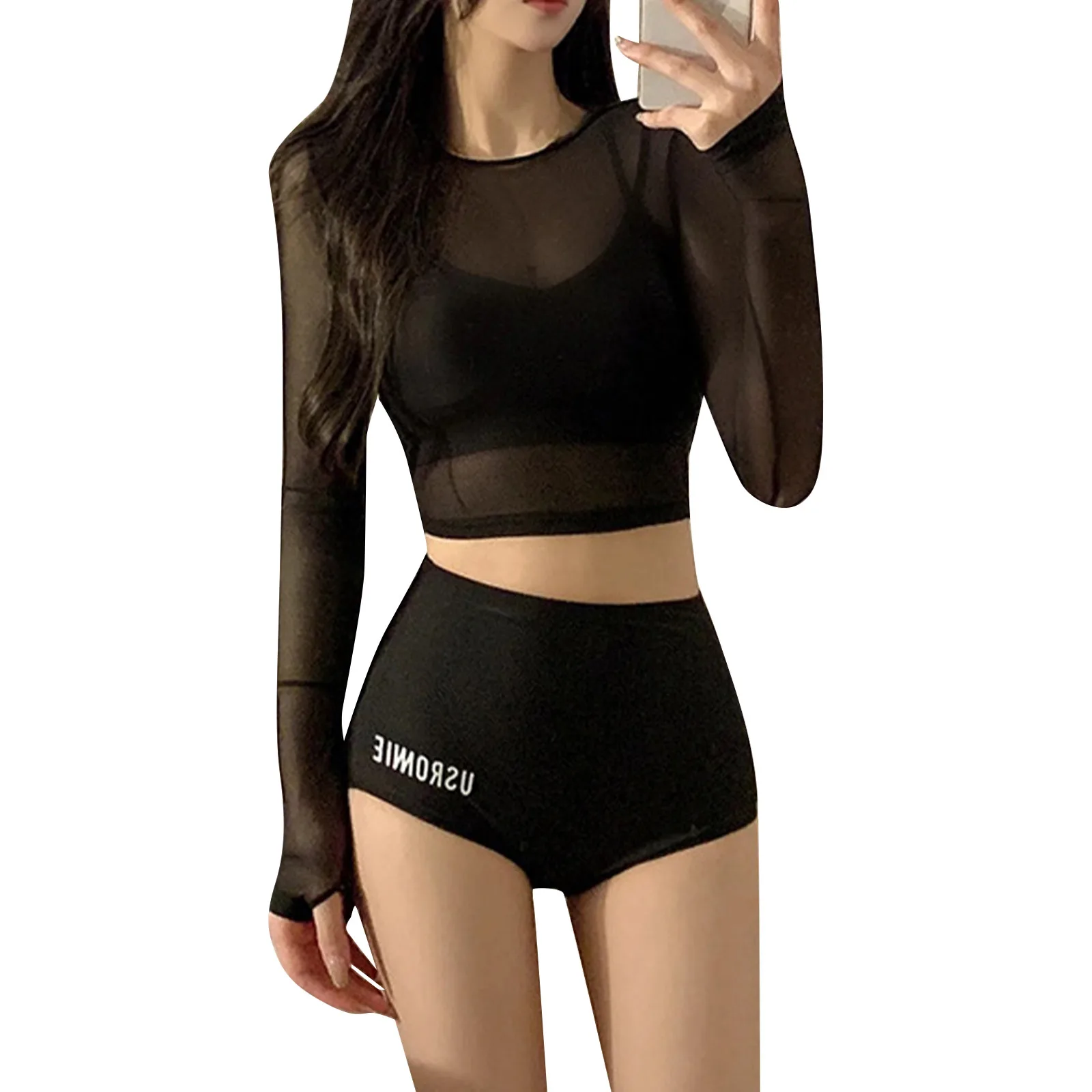 Solid Mesh Swimsuit Round Neck Long Sleeve Sun Protection Crop Tops With High Waist Shorts Set Sexy Tight Conservative Swimsuit