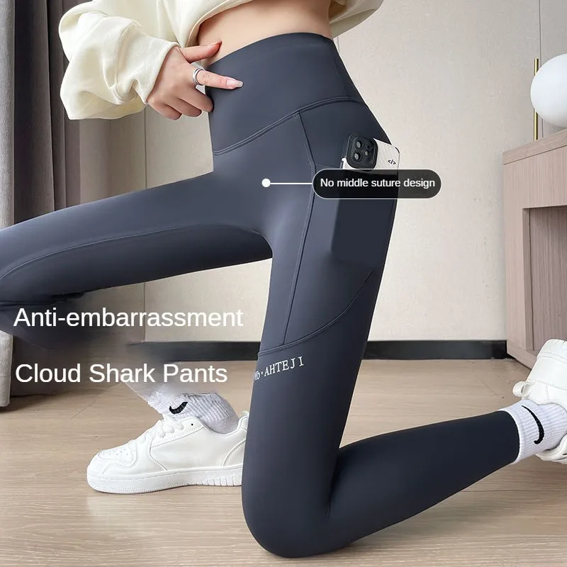 DOIAESKV leggings women\'s wear spring and summer high waist hip lifting leggings yoga sports fitness barbie pocket shark pants