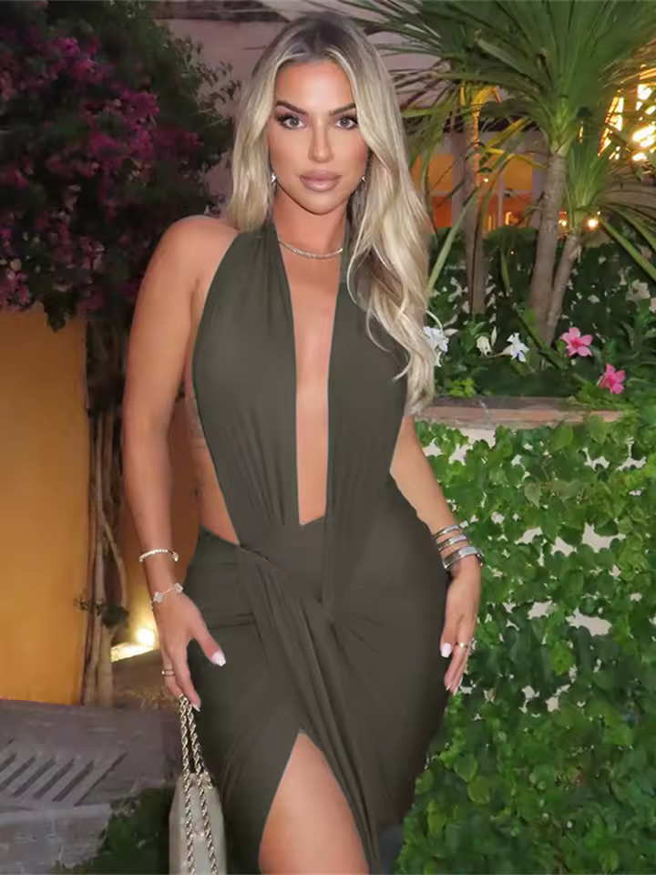 Weird Puss Elegant Halter Backless Dress Women Deep V-Neck Sleeveless Slit Irregular Party Banquet Activity Stretch Clubwear - AliExpress 