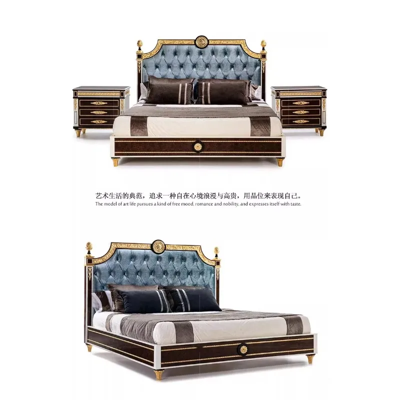 

French neoclassical solid wood carving flower bedroom double bed 1.8 meters Italian light luxury paint cloth bed luxury villa