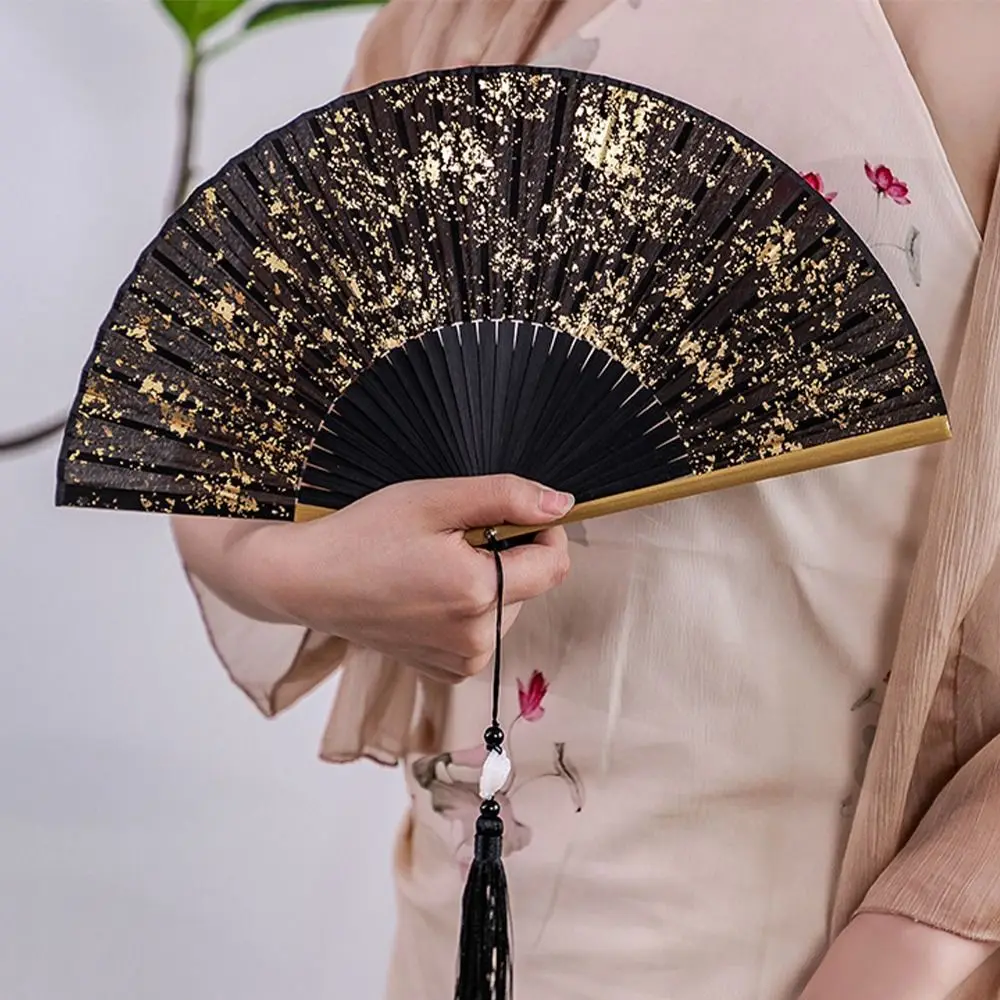 

Chinese Style Portable Folding Fan with Tassels Elegant Handheld Bamboo Fan Gold Silver Cool Fan Performances Party
