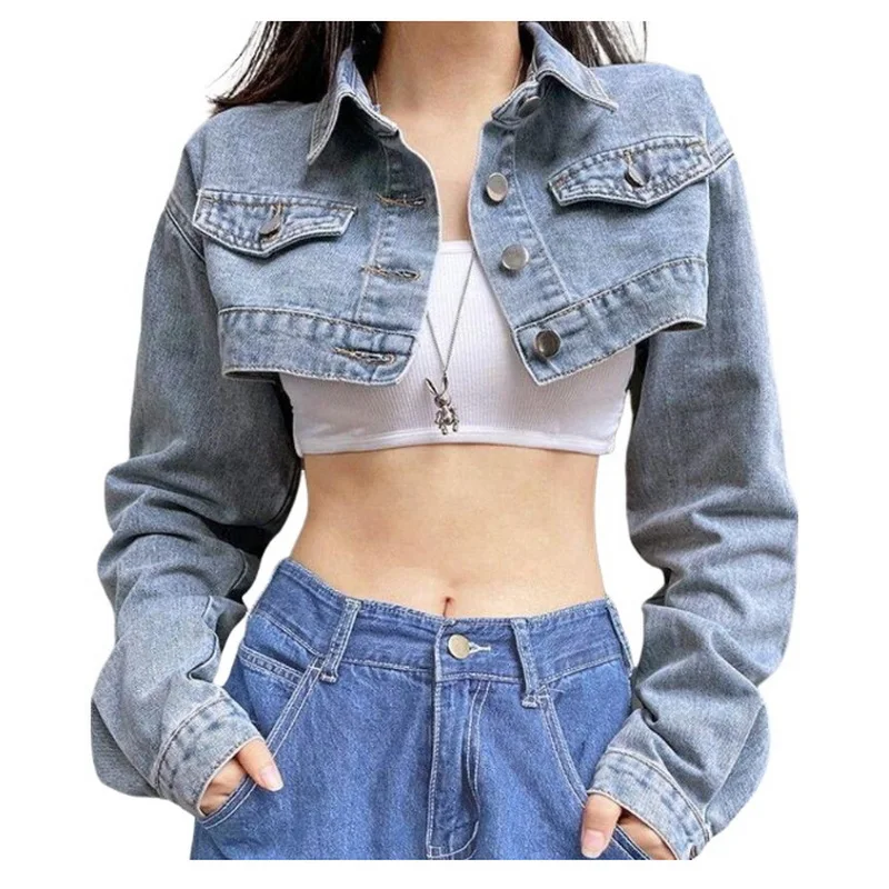 Women Ultra Short Denim Jacket Single Breasted Denim Tops Open Waist Punk Style Cowboy Outwear