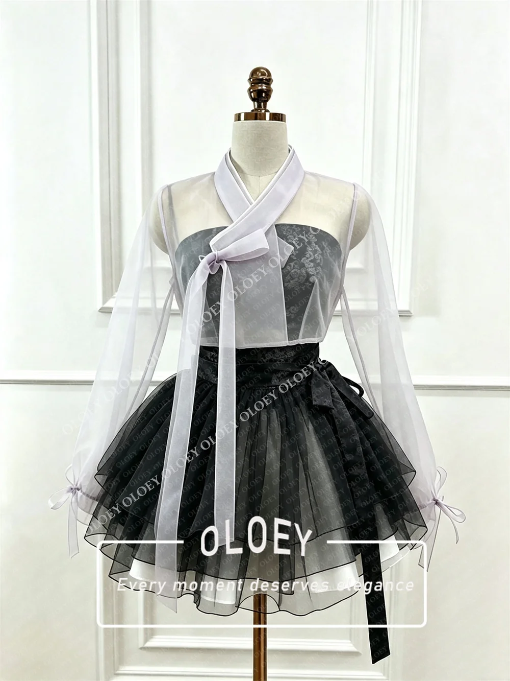 OLOEY Modern Black Red Short Concert Hanbok Set 2 PCS Satin Lace Korean Photo Shoot Mini Performance Dress Customized