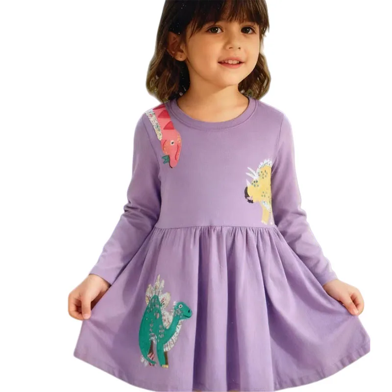 

Jumping Meters Girls Long Sleeve Dress Dinosaurs Embroidery Animal Applique Autumn Spring Kids Clothing Children's Dress