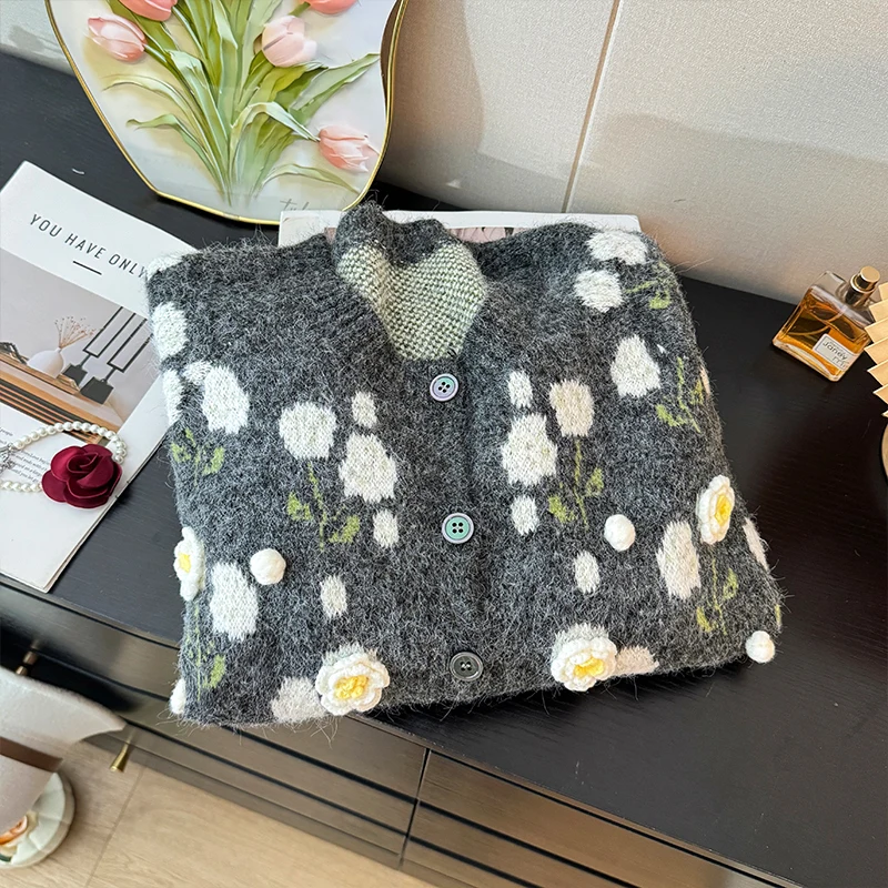 Women Light Grey 3D Floral Cardigan Sweater Vintage 2000s Y2k Aesthetic Jumper Knitwear Long Sleeves Sweater Autumn Clothes 2025