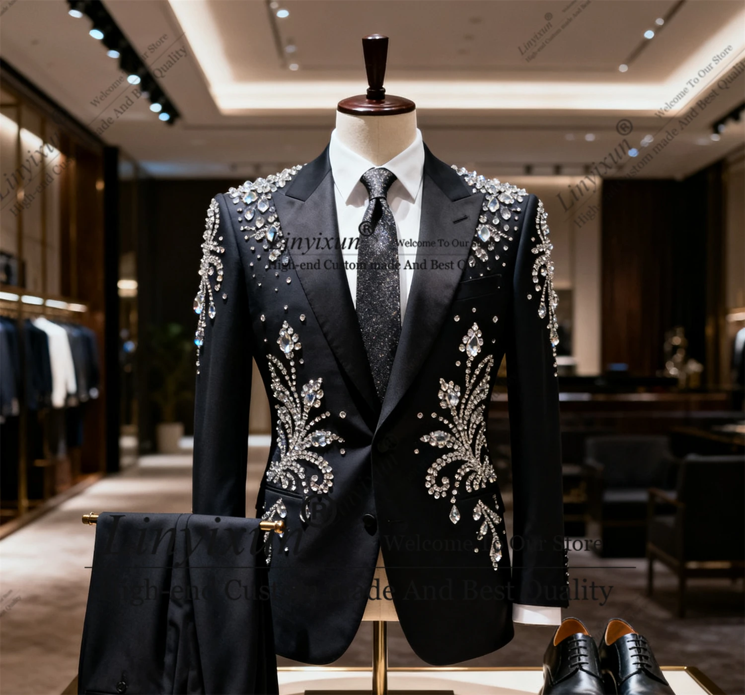 

High-end Slim Men Suits 2 Pieces Sets Groom Male Blazers Customized Rhinestone Beaded Peaked Lapel Ropa hombre Wedding Tuxedos