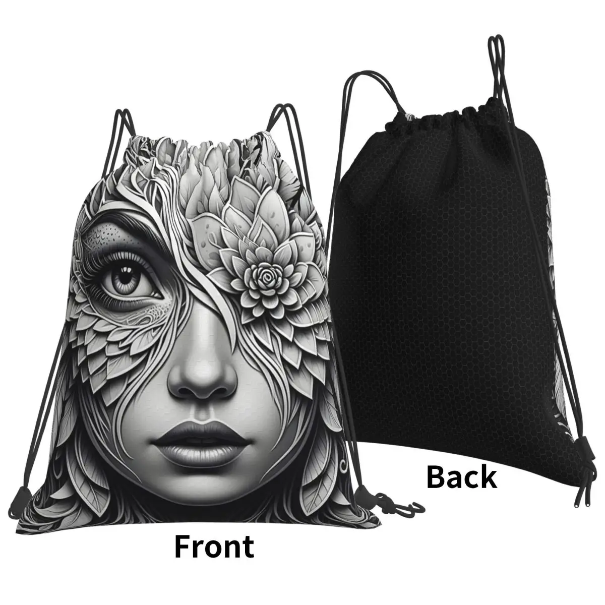 Female Monochrome Floral Mask Woman Portrait Backpacks Casual Drawstring Bags Sports Bag Book Bags for Man Woman School