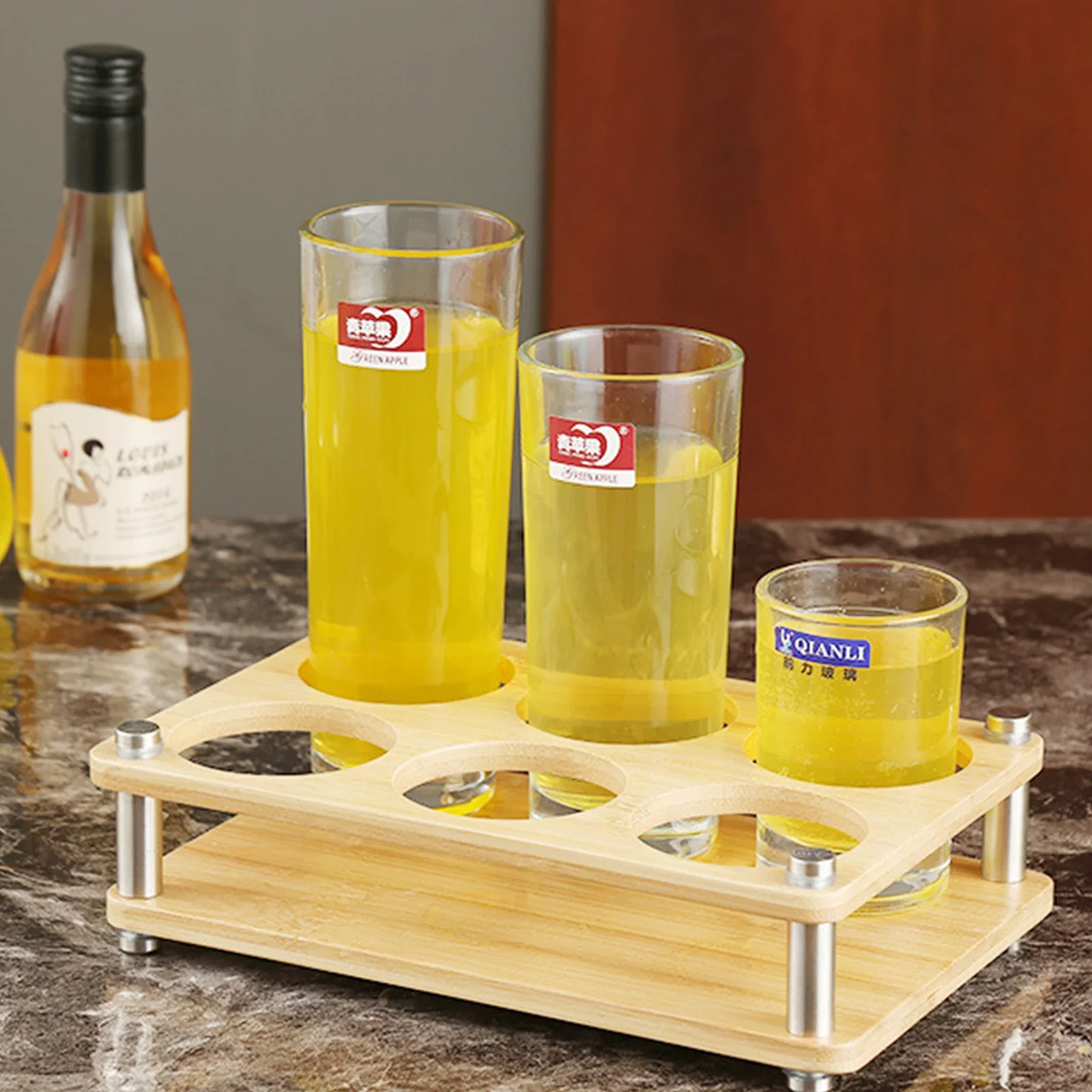 6 Holes Wooden Glass Holder Display Rack Bar Wine Drinks Cup Storage Carrier Flight Tasting Serving Tray Kitchen Tools