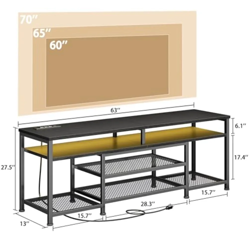 TV Stand with Power Outlets and LED Lights, 63 Inch Entertainment Center for 60 65 70 Inch TVs, Media Console Table