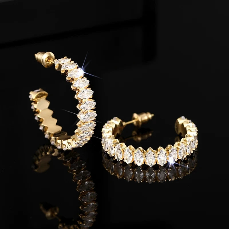 2024 Full Marquise Cubic Zirconia Hoop Earrings for Women Modern Fashion Gold Color Big Circle Girls Trendy Jewelry