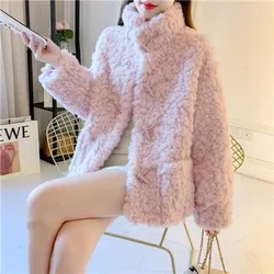Winter Lamb's Wool Jacket Warm Faux Fur Coat Collar Short Outerwear Fur Coat Tweed Coat Cowl Button Korean Chic Women Clothing