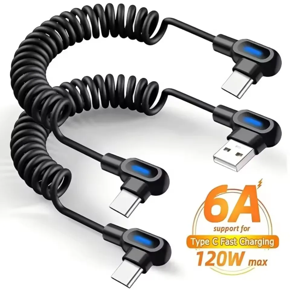 6A 90 Degree Elbow USB A/Type C Spring Fast Charge Cable Retractable Coiled Line for Samsung Xiaomi IPhone Data Transfer Cord