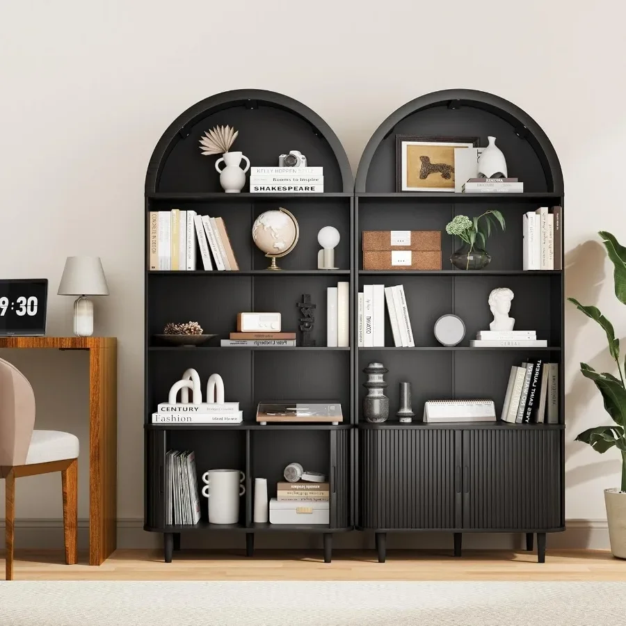 71 Tall Arched Bookshelf for Living Room Office: 5-Tier Modern Farmhouse Wood Bookcase with Adjustable Shelves, Sliding Doors, - view 5