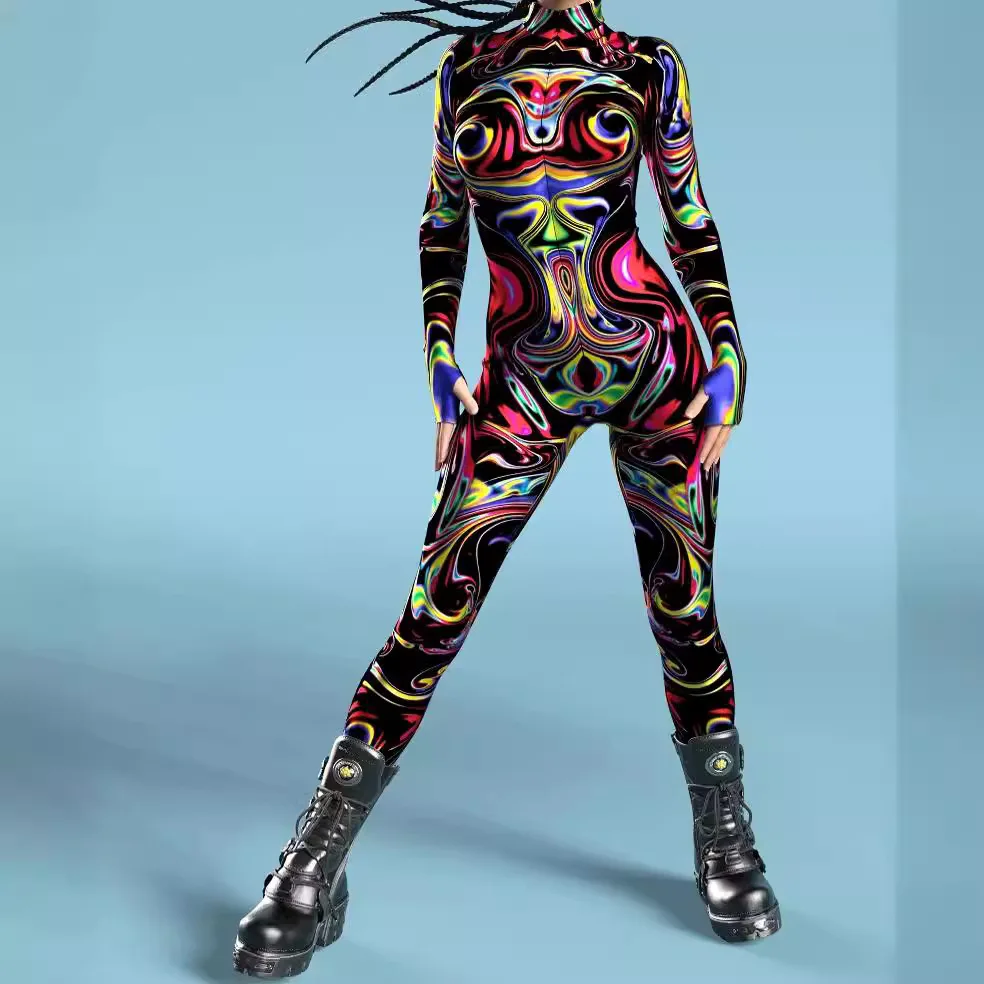 

Colorful Rainbow Abstract Geometry 3D Print Women Sexy Skinny Jumpsuit Carnival Holiday Party Cosplay Costumes Fancy Bodysuit
