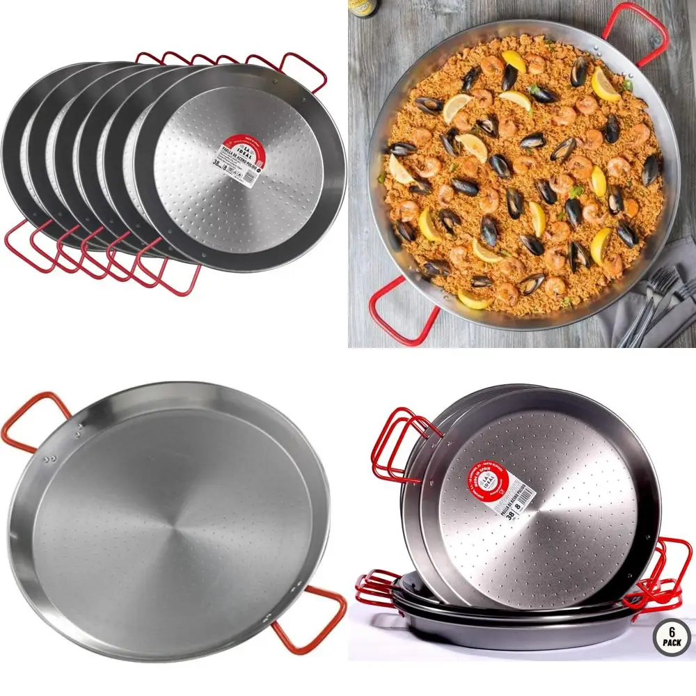 Sartén Paella de acero al carbono de 15 pulgadas, 38 cm de diámetro, juego de 6, plateada y roja, sartén para cocinar a granel para fiestas grandes