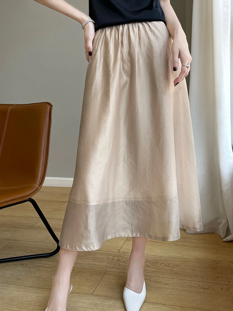 High Waist A-Line Midi Skirt Women's Spring Summer New Style Pure Color Polyester Satin Half-length Skirt Fashionable Long Dress