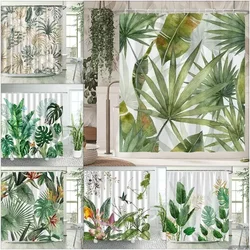 Tropical Plants Floral Shower Curtains Beige Green Palm Leaves Flowers Nordic Decor Bathroom Polyester Bath Curtain with Hooks