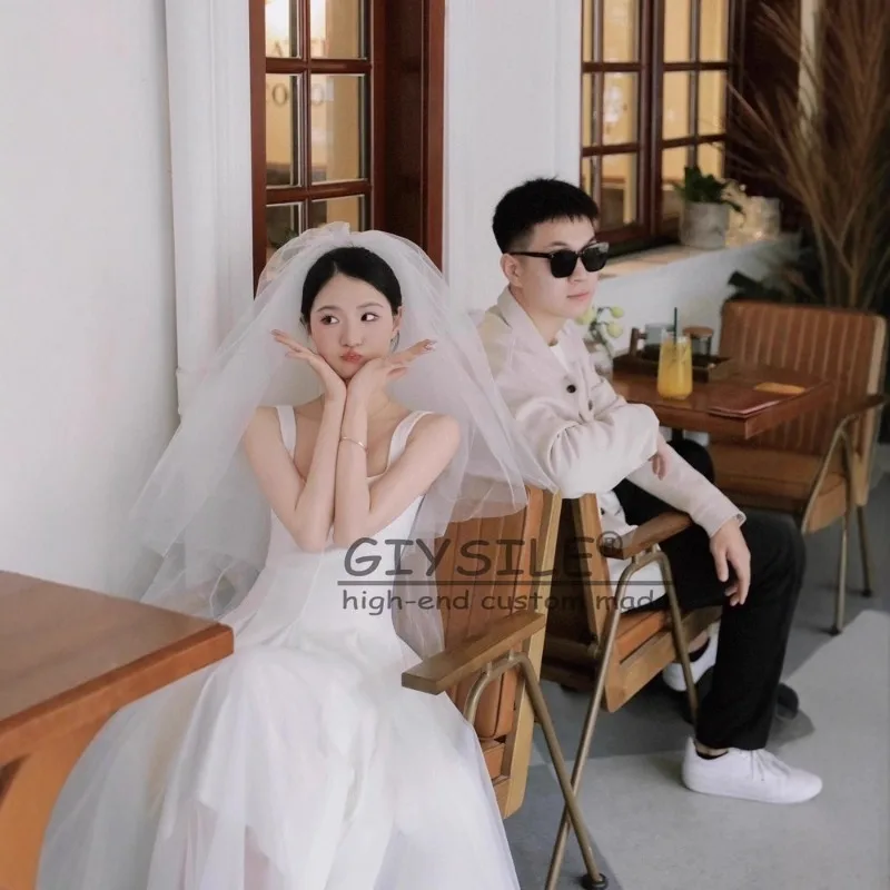 GIYSILE 맞춤형 화이트 패션 라이트 웨딩 새틴 간단한 스퀘어 타이 슬링 민소매 a 라인 메쉬 파티 드레스 기질