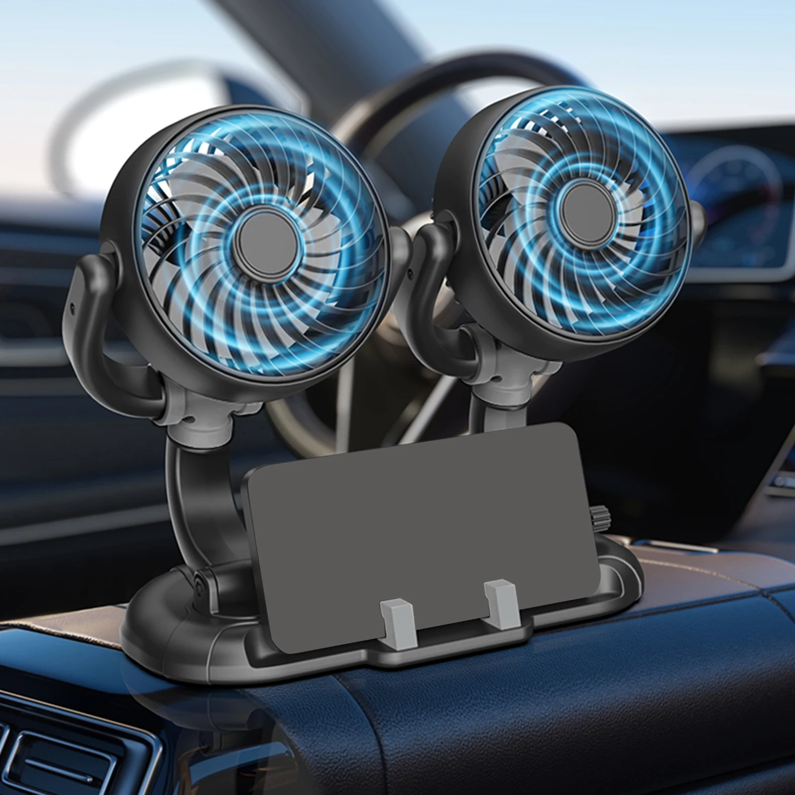 

Dashboard Fan Portable USB Powered Dual Head Vehicle Fan 360 Rotatable & 3 Speeds Adjustable for Vehicle SUV Truck Van RV