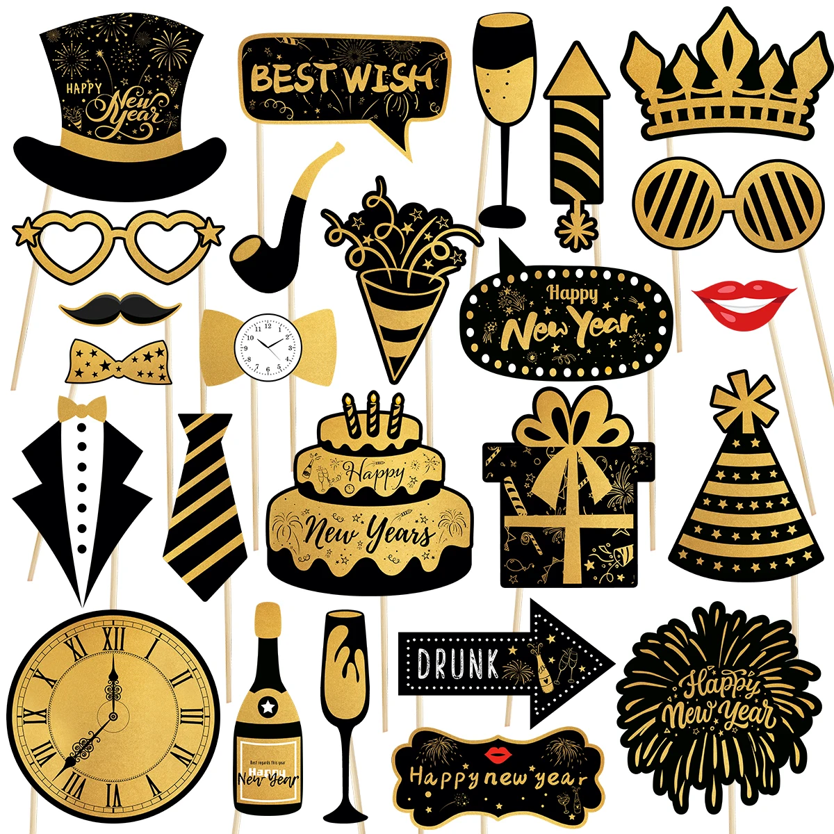 2025 New Year Party Photo Booth Props Black Gold Happy New Year Photobooth New Year's Eve Party Decorations Christmas Supplies